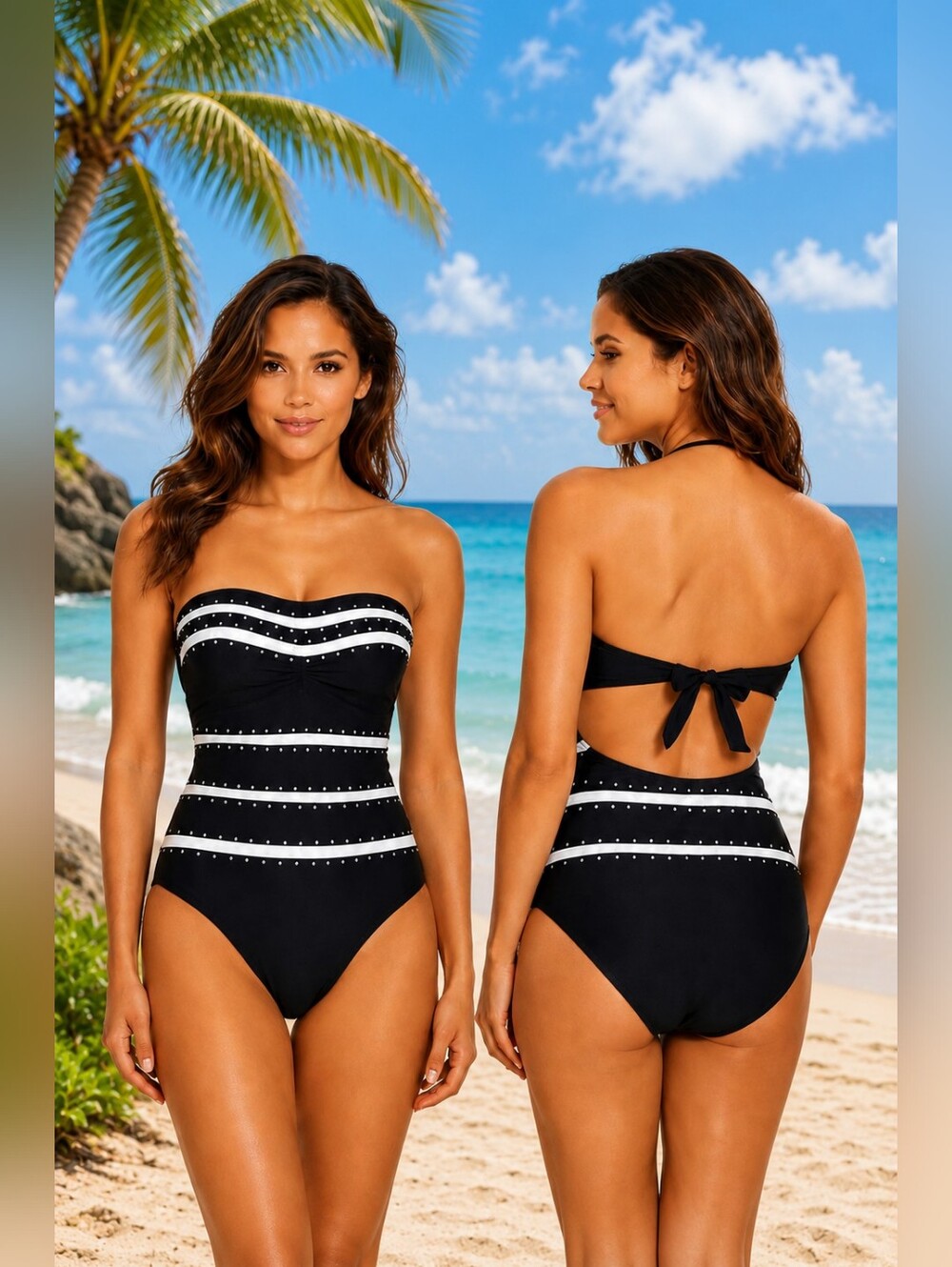  Jessica Simpson Black Bandeau One-Piece Swimsuit with Gold Studs, Size XL 